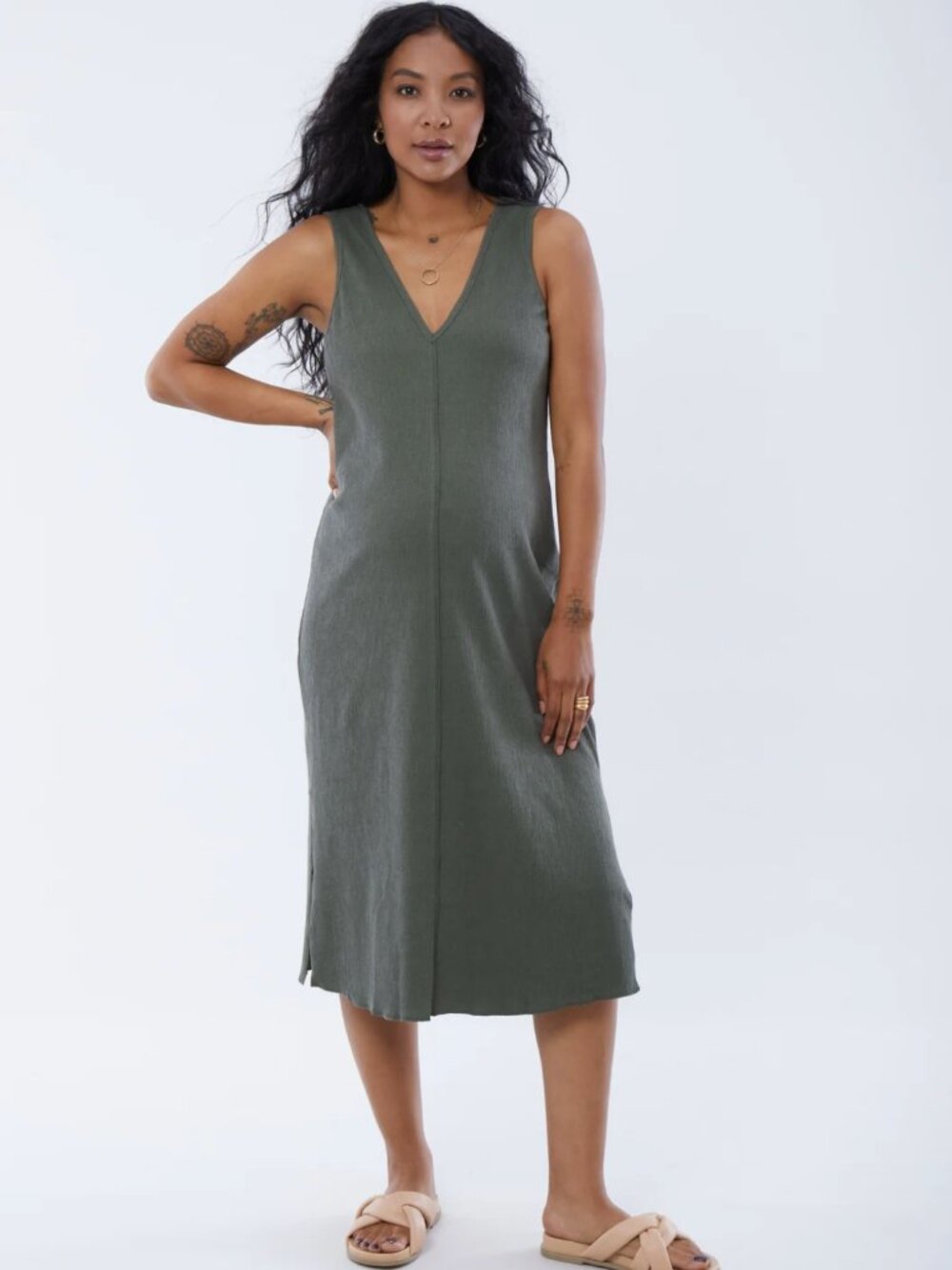 Ingrid + Isabel Sleeveless V-Neck Knit Maternity Midi Dress, Olive, Medium